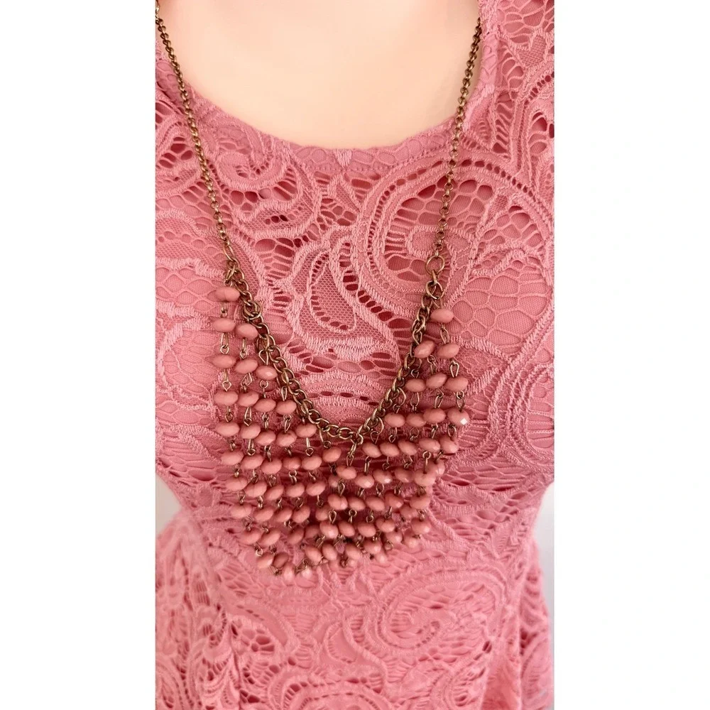 Vtg Dusty Rose Floral Lace Peplum Necklace Sleeveless Top M Coquette Victorian - Picture 6 of 16
